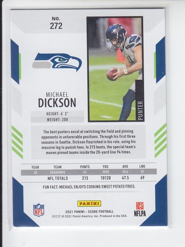 2021 Panini Score MICHAEL DICKSON Gold Foil /575 Seahawks #272 - Picture 2 of 2