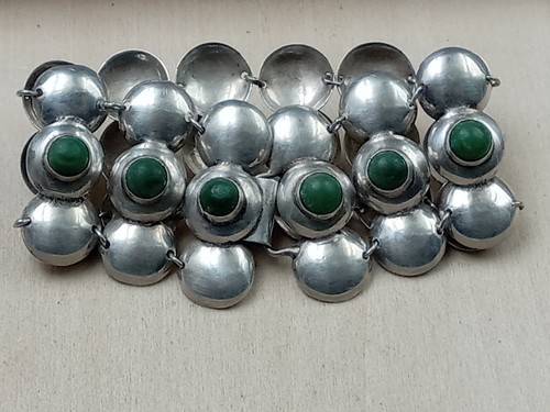 Mexico Old Silver Link Bracelet w. Cabochon Green Turquoise Stones: 7.25" Long - Picture 15 of 15