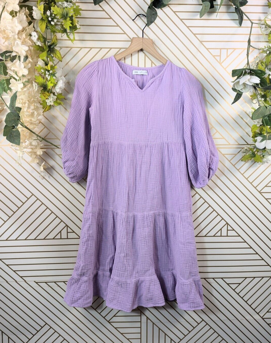 ZARA GIRLS Purple Lilac Tiered Dress 100% Cotton Gauze Puff