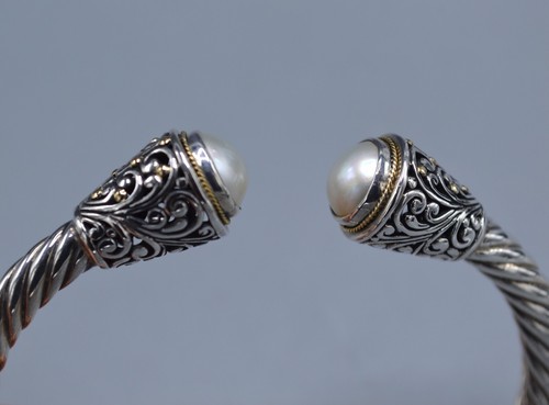 18K Gold 925 Sterling Ornate Bali Style Hinged Cuff Bracelet w/ Pearl 27 gr - Picture 3 of 9