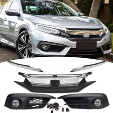 For 2016 2017 2018 Honda Civic Front Upper Grille Grill&Fog Lights Lamps Set