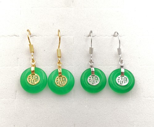 Pendientes de gancho de plata 925 verde claro colorido donut de jade 18 kgp felicidad fortuna - Imagen 7 de 20