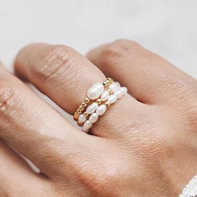 3 Pcs Real Natural White Freshwater Rice Pearl Adjustable Stretchy Finger Rings