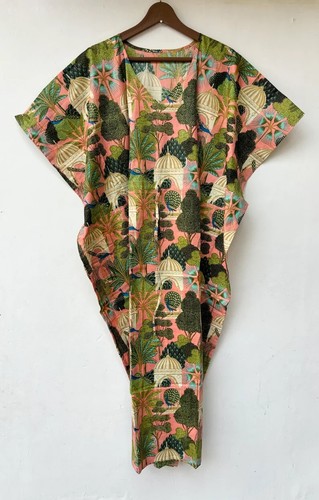 Indian Vintage 100% Cotton Long Beach Maxi Kaftan Dress One Size Caftan Kimono - Picture 8 of 8