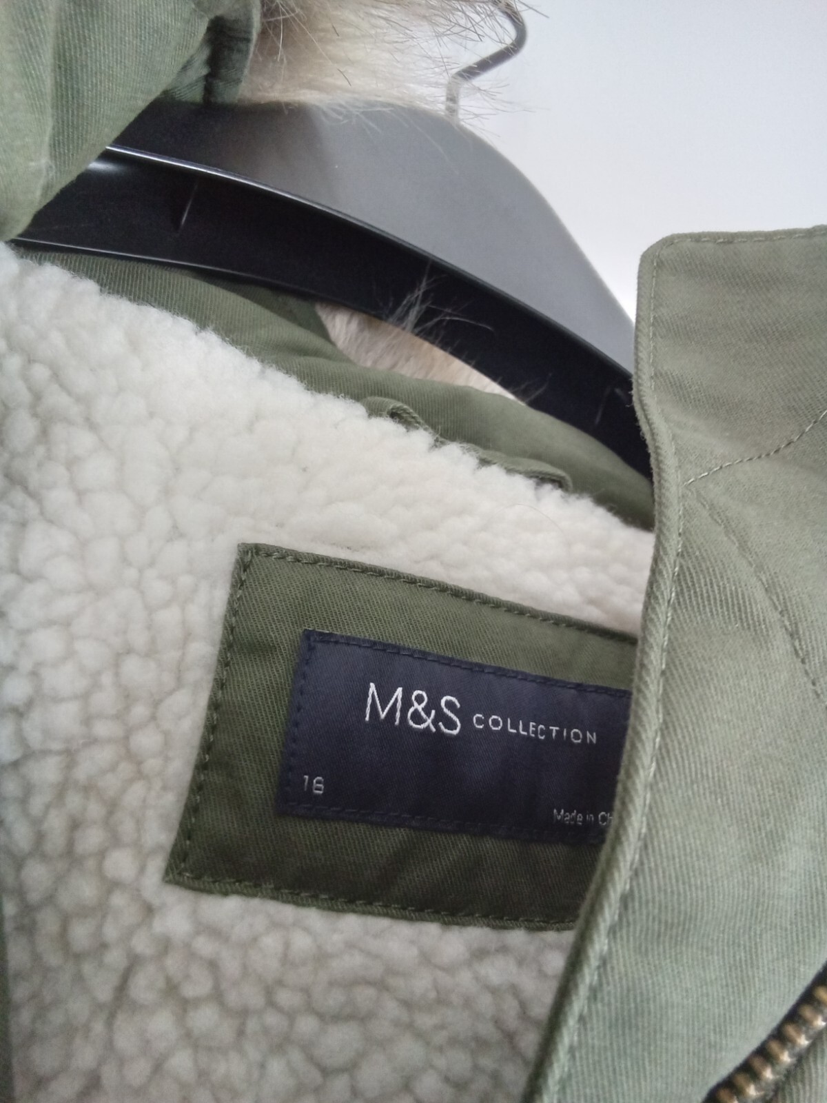 M&S Fleece Lining Coat Size 16 Khaki Hooded Faux Fur Full Zip Side