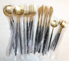 24pc Gold & Black Stainless Steel Cutlery Set Silverware Utensil Kitchen Dining