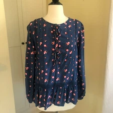 Matilda Jane Womens Peplum Top Blouse Medium Navy Pink Floral Prairie No Wrinkle