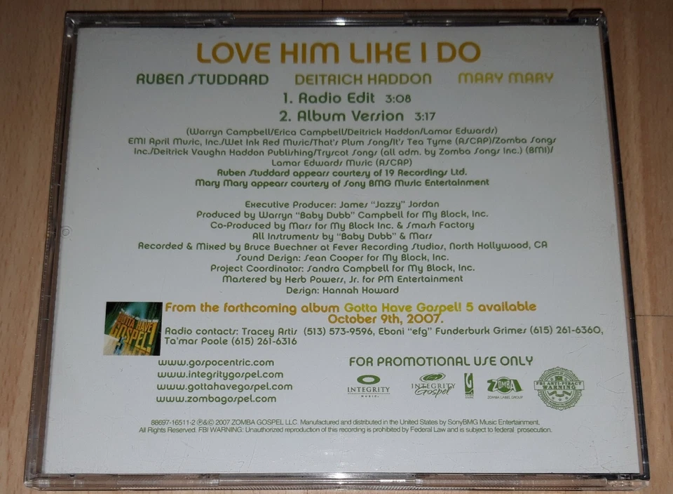 RUBEN STUDDARD DEITRICK HADDON & MARY MARY Love Him Like I Do - Promo CD R&b Rnb - Bild 3 von 4
