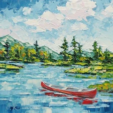 Red Canoe Original Oil Painting One of a kind Fine art Canoe on a lake Landscape