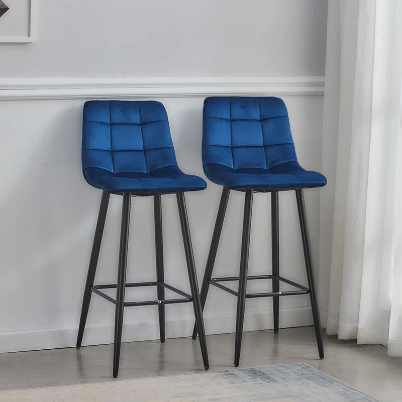 2 Pcs Blue Velvet Bar Stools Breakfast Stool CLIPOP Kitchen Pub Chairs 65cm Seat