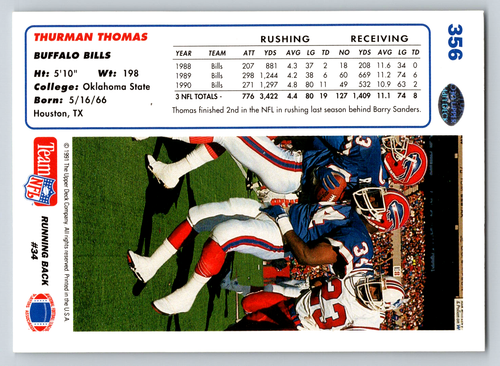 1991 Upper Deck #356 Thurman Thomas Buffalo Bills Football Card - Picture 2 of 2