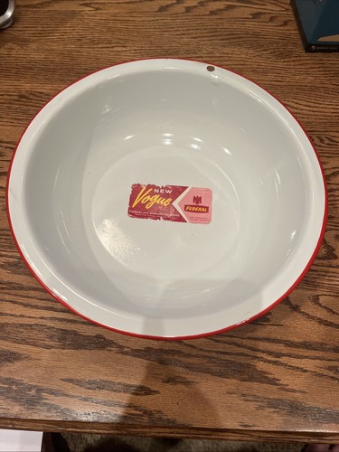 Vintage NOS Enamelware Basin Bowl Wash Pan Farmhouse White W/ Red Trim 12.25 x3