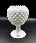 Vintage Milk Glass Hobnail Pedestal Vase With Crimped Ribbon Rim