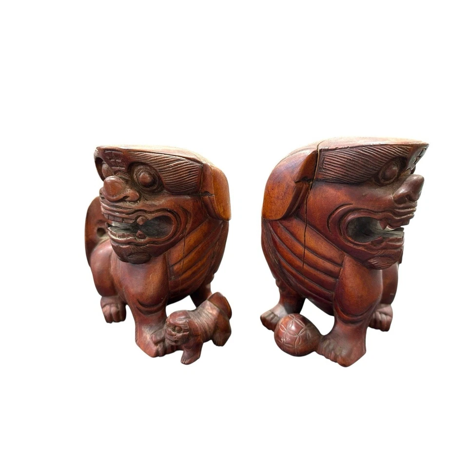 "Par de perros FOO chinos de hierro macho con bola y hembra con cachorro antiguo de 6"" de alto" Foto 2 de 4