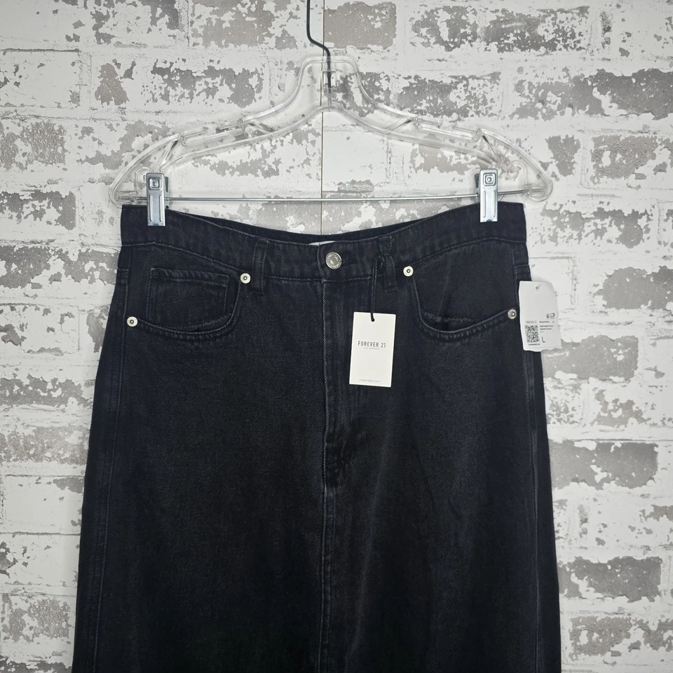 NUEVA Falda Jean Denim Forever 21 Midi Ventilada Cremallera Mosca Lavada Negra 100% Algodón L Foto 2 de 4