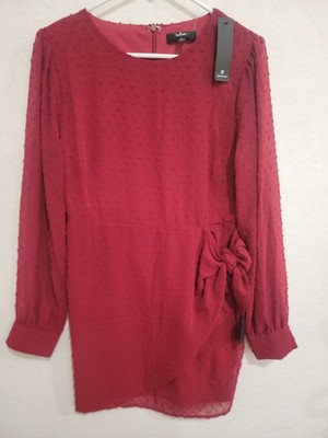 LULUS Much Love Wine Red Swiss Dot Long Sleeve Tie-Front Mini Dress NWT Size L