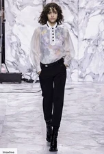 Carven Designer Runway Jewels Sheer Button Collared Puff Sleeve Blouse Sz 36