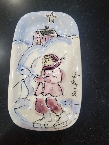 Signed Sue Bolt Dish Tray Hand Painted Pottery Woman Ice Skating Winter Snow - Picture 2 of 9