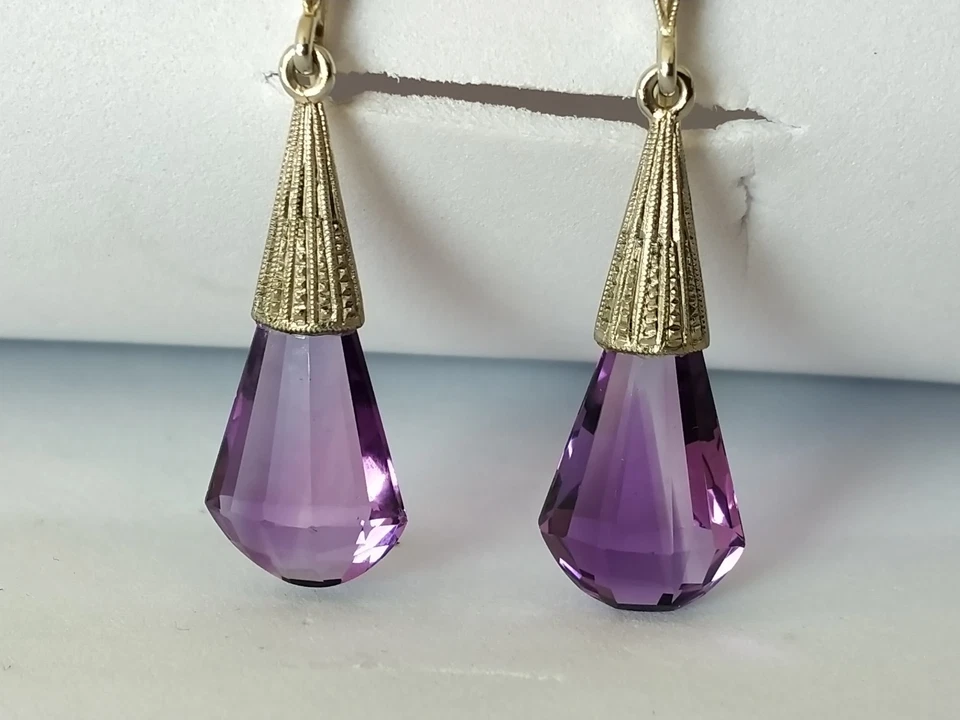 ANCIENNES BOUCLES D'OREILLES ART DÉCO OR 14K AMÉTHYSTE BRIOLETTE 585 earrings - Photo 3/4