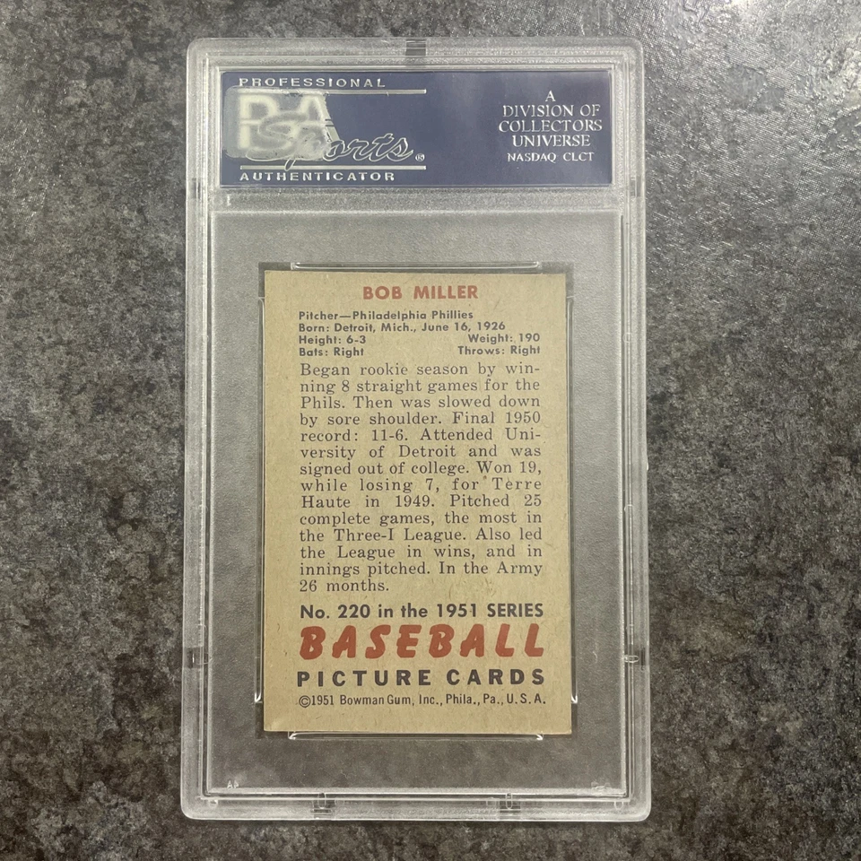1951 BOWMAN Hi #220 BOB MILLER ROOKIE PHILLIES PSA 7 NM-MT  - Image 2 of 2