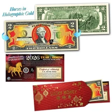 2026 Chinese New Year U.S. Genuine $2 Bill YEAR OF THE HORSE Gold Hologram - Red
