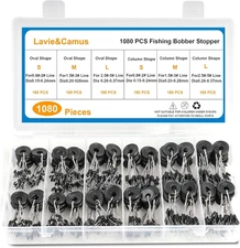 1080PCS Fishing Bobber Stoppers, Black Rubber Float Stops in 6 Sizes