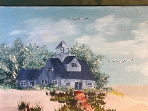 Vintage Beach Coastal Art Landscape Signed Original Oil Painting House Seagulls - Picture 12 of 12
