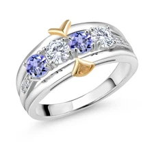 925 Silver and 10K Yellow Gold Ring Tanzanite Moissanite Near Colorless (GH)