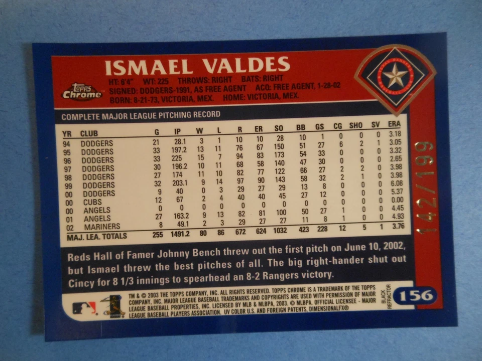 2003 Topps Chrome 黑色折射器 #156 Ismael Valdes/199 - — 第 4/4 张图片