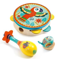 Animambo Tambourine, Maraca, Castanet Music Instrument Set - Cute Parrot, Fis...