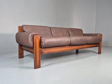 Vintage 3 Seater Sofa Brown Leather 1970s Retro Danish Wood Frame EB11115 M3SS