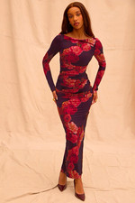 House of CB | Lanetta Long Sleeve Ruched Satin Floral Maxi Dress | Sz XS