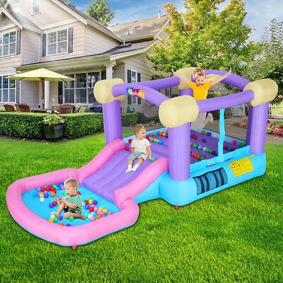 Kids Inflatable Bounce House w/Slide, 470W Blower, Ball Pit Pool, Dart Target 