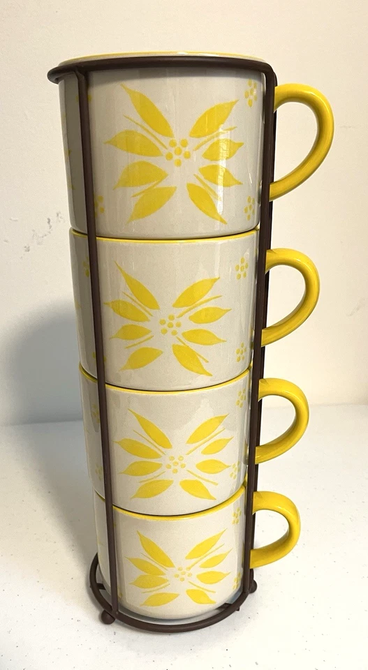 Temp-tations Old World Yellow 4 Coffee/Tea Mugs w/Wire Rack, Oven Safe, Retired - Image 2 of 4