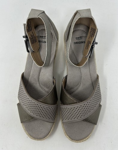 Earth Origins Leather Platinum Gold Taupe Espadrille Open Toe Sandals Size 8.5 M - Picture 10 of 11