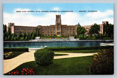 Denver CO West High School & Sunken Garden Linen Vtg Postcard View Unused 