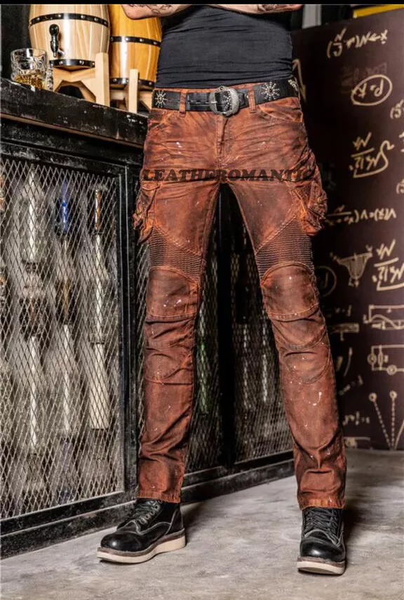 Mens Real Leather Pants Relaxed Men&#039;s Genuine Trouser Brown 6 Biker | eBay