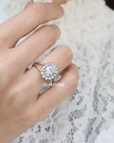 3 CT Oval Cut Moissanite Split Shank Halo Women Engagement Ring In 925 ...