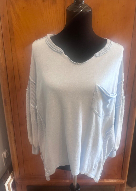 We The Free People Oversize V-Neck Cotton Thermal Top Light Blue MEDIUM