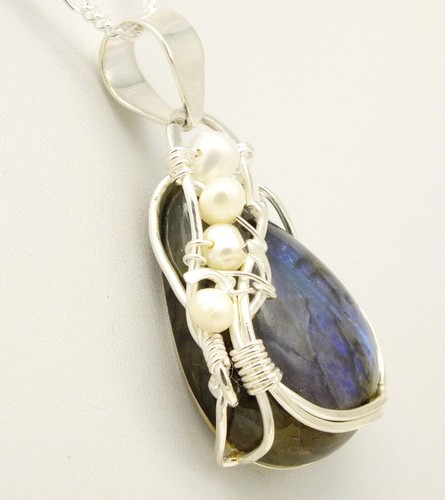 Labradorite gemstone & real Pearls Sterling Silver large Pendant Necklace - Picture 8 of 8