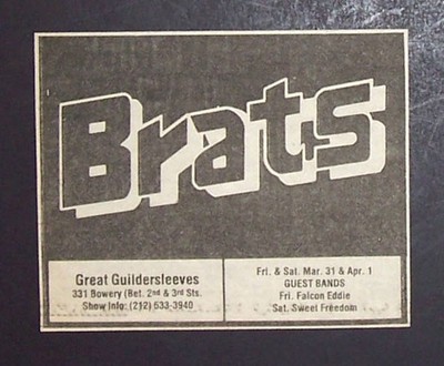 The Brats (Band) Great Gildersleeves NYC 1978 Mini Poster Type Concert Ad v2