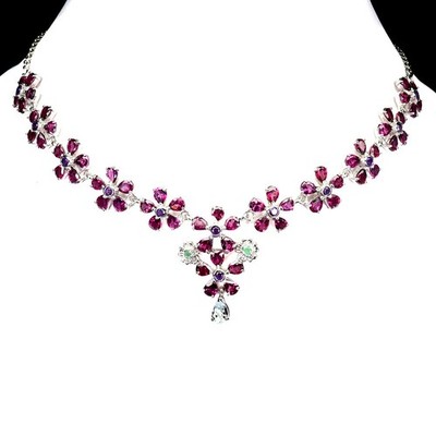 NATÜRLICHER RHODOLITH GRANAT AMETHYST AQUAMARIN HALSKETTE 925 STERLINGSILBER 18,5