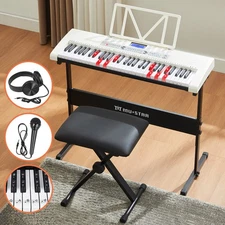 White Electronic 61 Key Light Up Piano Keyboard Bench,Stand,Headphone,Microphone