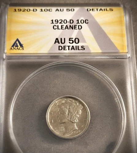 1920-D MERCURY 10 CENTS** ANACS AU-50 DETAILS ** (7541)