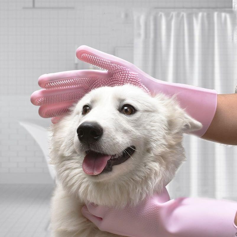 Accessori Bagno per Cani Animali Domestici Spazzola Scrub Teddy Guanti da Bagno in Silicone Antigraffio e foto 3