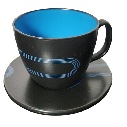 Used IKEA Black & Blue Geometric Large 16 oz Cup Mug Saucer Set Stoneware Retro - Picture 1 of 4