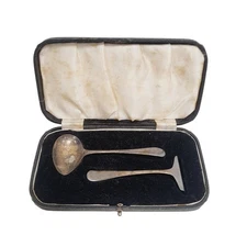 Childs Solid Silver Cutlery Spoon & Pusher Leather Box Edward Viner 1930's (14)