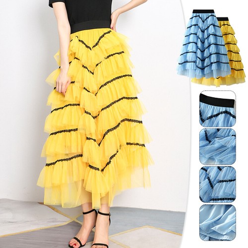 Women Mesh Tulle Layered Tiered Dress Tutu Elastic Waist Party Long Cake Skirts - Picture 4 of 32