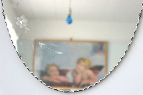 R)(T VINTAGE>OVAL 1930s-40s SCALLOPED MIRROR>26"x15"4KG>FLORAL PATTERN ETCHING - Picture 21 of 24