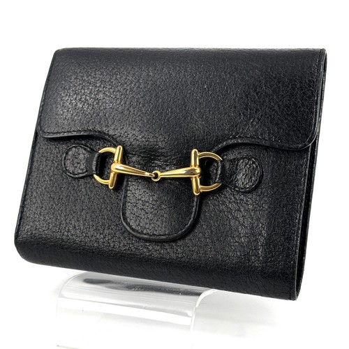 GUCCI Horsebit Wallet Leather Black Gold Authentic